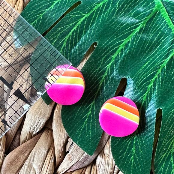 BOGO FREE Pink yellow stripe button earrings - Picture 3 of 4